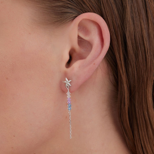 Pendientes largos Bliss estrella cristal multicolor en Plata baño rodio
