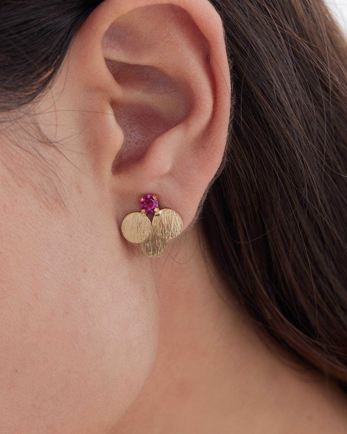 Pendientes botón Azure círculo textura con cristal rosa en Plata baño Oro
