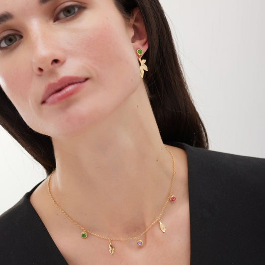 Collar corto hoja Bom Dia con cristal multicolor en Plata baño Oro