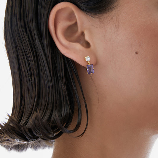 Pendientes cortos Serenity rectángulo cristal morado en Plata baño Oro