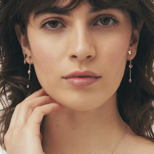 Pendientes largos Linet mariposa cristal rosa en Plata baño Oro