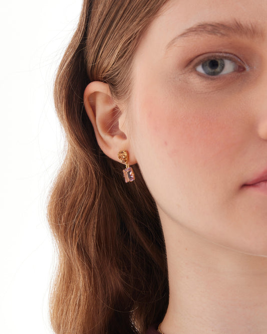 Pendientes cortos Borea con cristal rosa y champán en Plata baño Oro