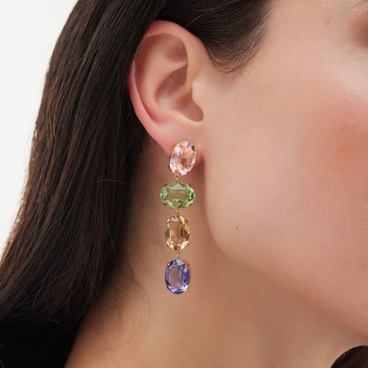 Pendientes largos God Morgen con cristal grande multicolor en Plata baño Oro