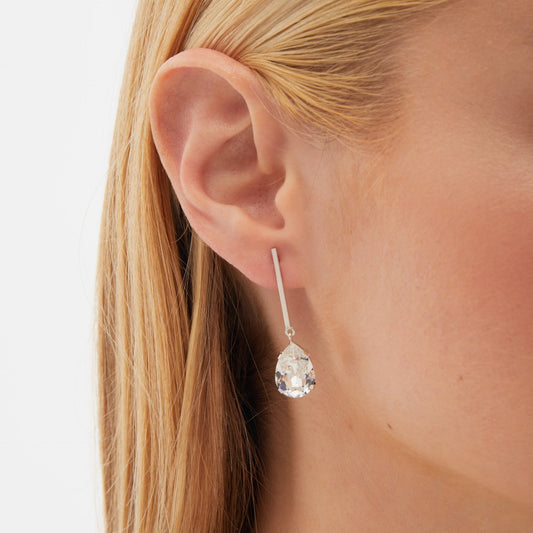 Pendientes largos Iconic lágrima cristal blanco en Plata baño rodio