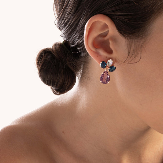 Pendientes largos Blooming lágrima cristal morado en Plata baño Oro Rosa
