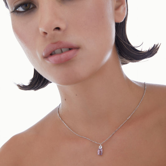 Collar corto Serenity rectángulo cristal rosa en Plata baño rodio