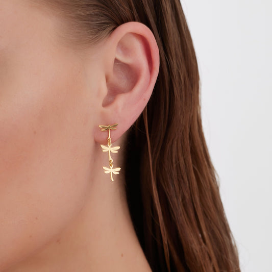 Pendientes largos Bliss libélula en Plata baño Oro