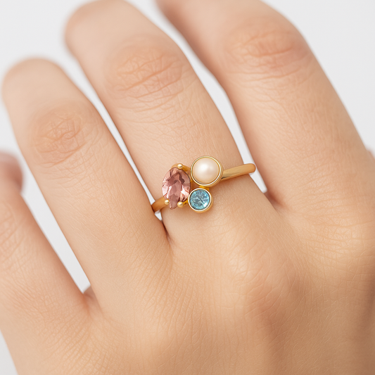 Anillo ajustable Nina cristales y perla multicolor en Plata baño Oro