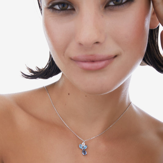 Collar corto Harmony flor cristal azul en Plata baño rodio
