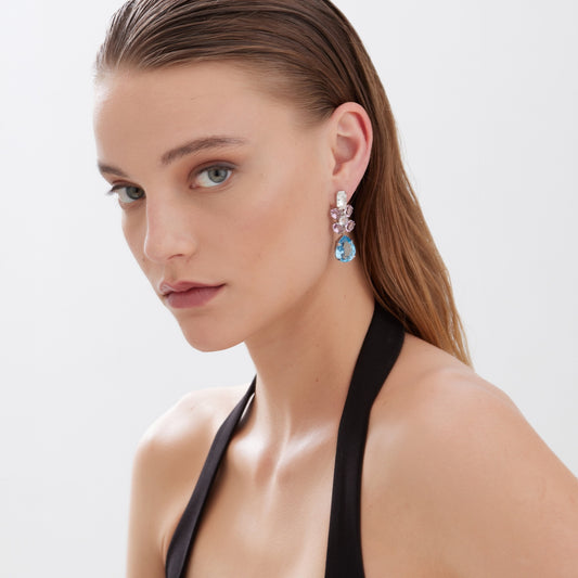 Pendientes largos Glory lágrima cristal azul en Plata baño rodio