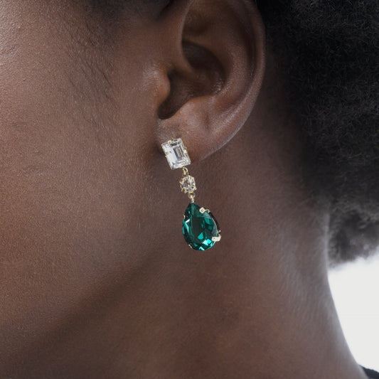 Pendientes largos Diana lágrima cristal en Plata baño Oro