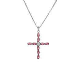 Collar corto cruz rosa elaborado en plata