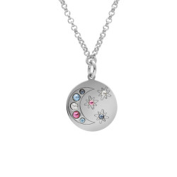 Collar placa redonda con una luna en multicolor elaborado en plata