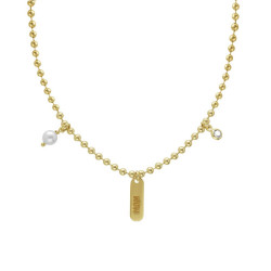 Collar corto con placa grabada MOM, perla y cristal color blanco bañado en oro