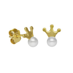 Magic gold-plated stud earrings with pearl in crown shape
