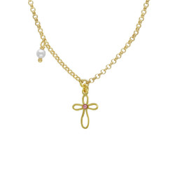 Cintilar gold-plated short necklace with pink in cross shape