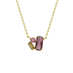 Inspire gold-plated short necklace with pink crystal in rectangle shape