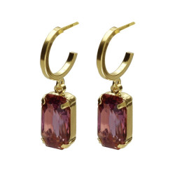 Inspire gold-plated hoop earrings with pink crystal in rectangle shape