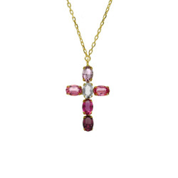 Harmony gold-plated short necklace with pink crystal in oval shape