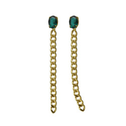 Cinnamon gold-plated long chain earrings with green crystal in oval shape