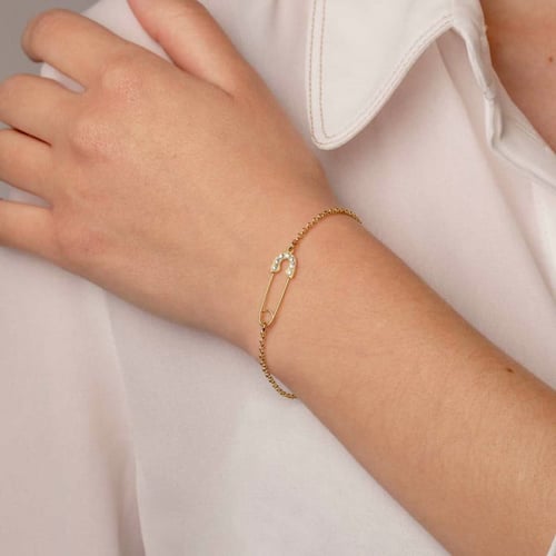 Apostrophe safety pin crystal bracelet in gold plating