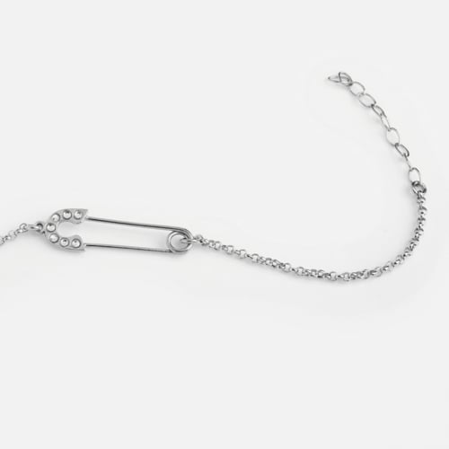 Apostrophe safety pin crystal bracelet in silver