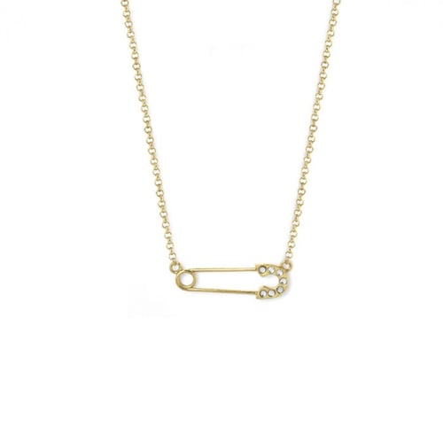 Apostrophe safety pin crystal necklace in gold plating