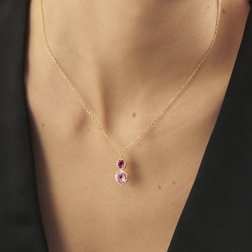 Basic XS double crystal fuchsia and light rose necklace in gold plating