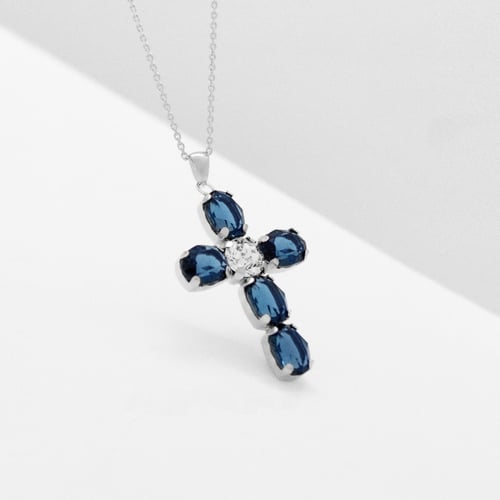 Poetic cross denim blue necklace in silver