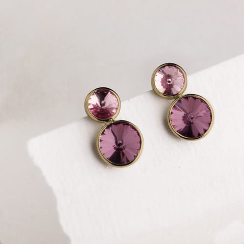 Basic XS double crystal fuchsia and light rose earrings in gold plating