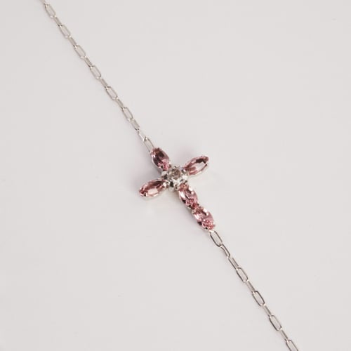 Pulsera ajustable cruz rosa elaborada en plata