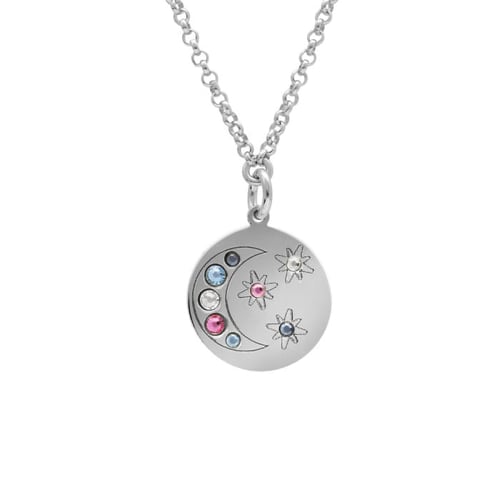 Collar placa redonda con una luna en multicolor elaborado en plata