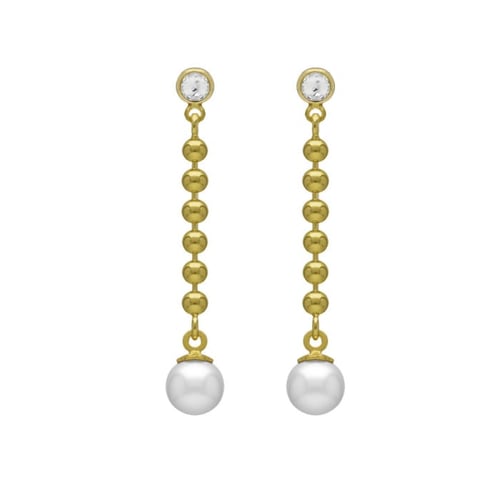 Pendientes largos perla color blanco bañados en oro