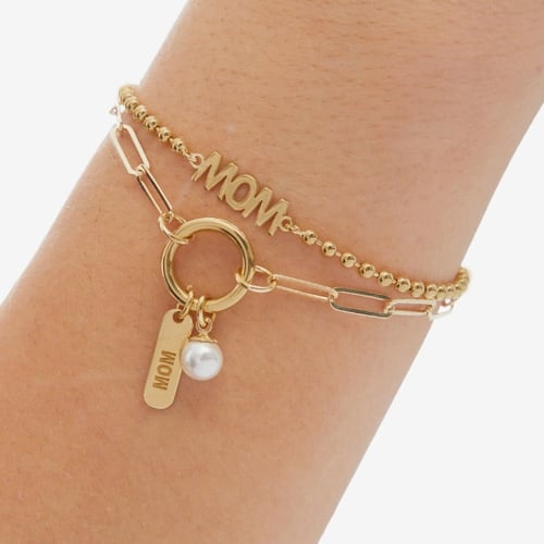 MOTHER gold-plated adjustable bracelet with pearls in mom plate and pearl shape
