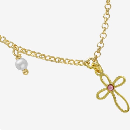 Cintilar gold-plated short necklace with pink in cross shape