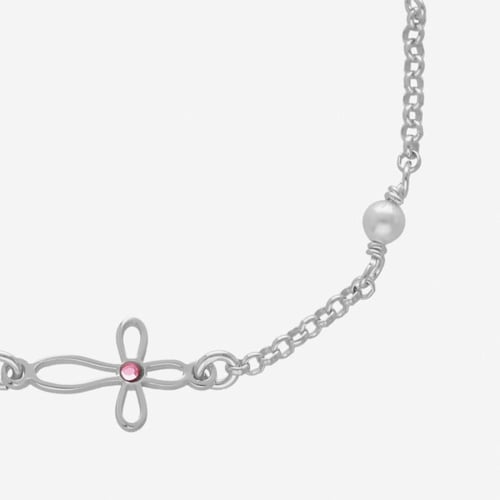 Pulsera ajustable cruz mini cristal rosa elaborada en plata