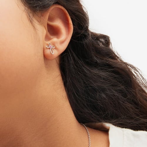 Cintilar sterling silver stud earrings with pink in cross shape