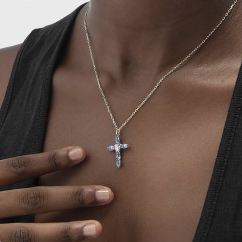 Aqua cross aquamarine necklace in silver
