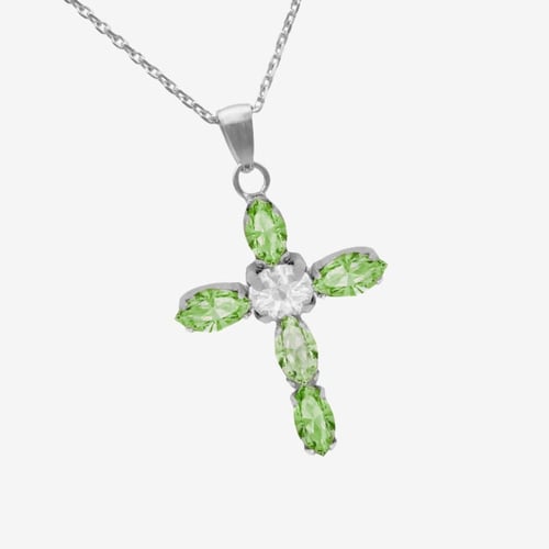 Maisie rhodium-plated short necklace with green in cross shape