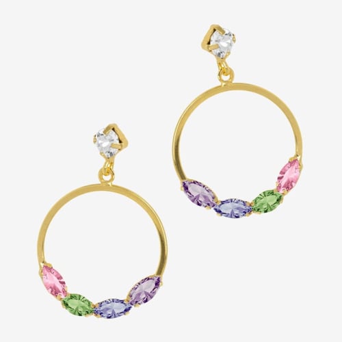 Belle gold-plated long earrings with multicolour in circle shape
