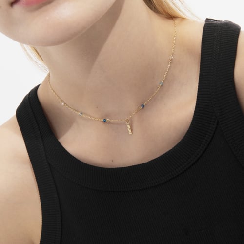 Anya gold-plated short necklace with blue in rectangle shape