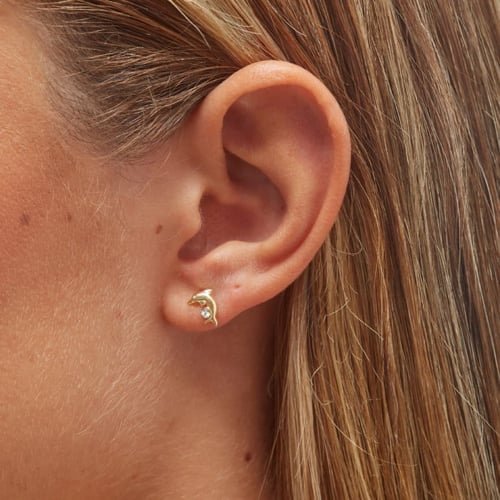 Kids gold-plated stud earrings with white in dolphin shape