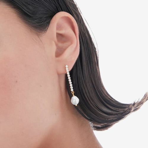 Purpose gold-plated long earrings with pearl in waterfall shape