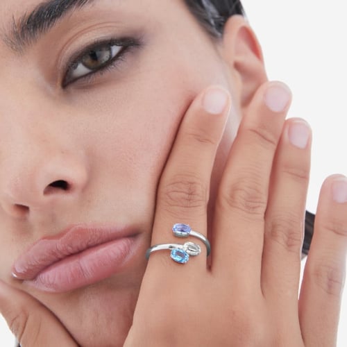 Harmony sterling silver adjustable ring with blue crystal in oval shape