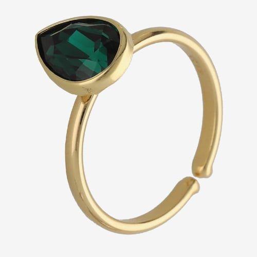 Fullness gold-plated adjustable ring with green crystal in tear shape