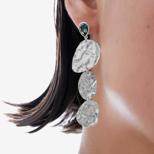 Fullness sterling silver long earrings with grey crystal in texture shape