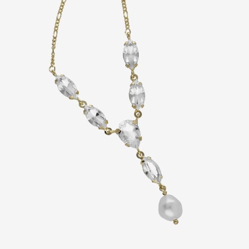 Purpose gold-plated long necklace with white crystal in marquise shape