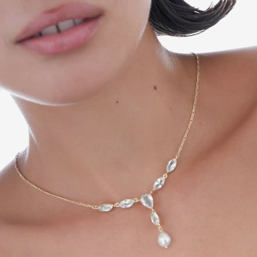 Purpose gold-plated long necklace with white crystal in marquise shape