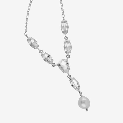 Purpose sterling silver long necklace with white crystal marquise and pearl