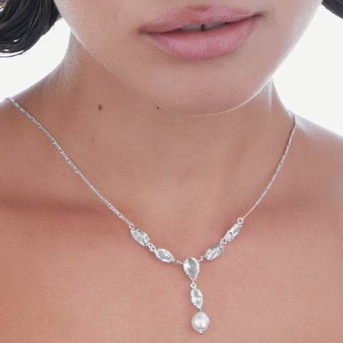 Purpose sterling silver long necklace with white crystal marquise and pearl